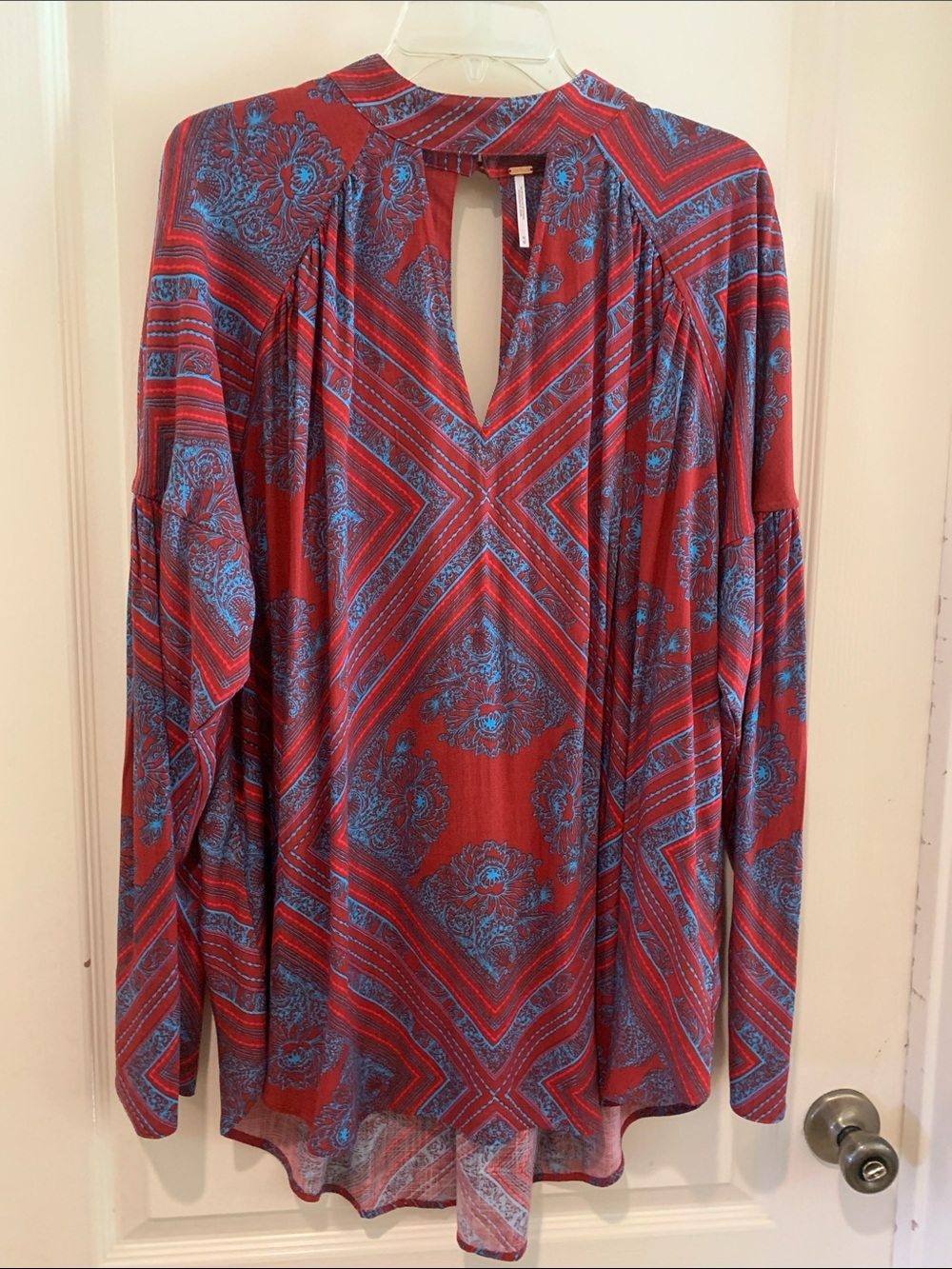 Free People Red and Blue Printed Long-Sleeve Keyhole Top/Dress